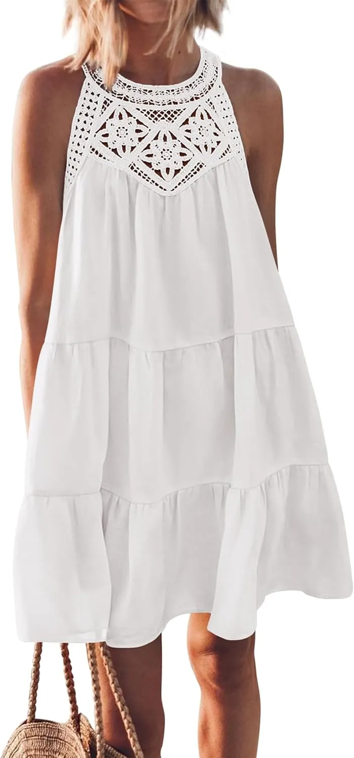 BTFBM Women Summer Halter Dresses Casual Spring 2025 Sleeveless A-Line Tiered Swing Mini Dress Beach Vacation Sundress