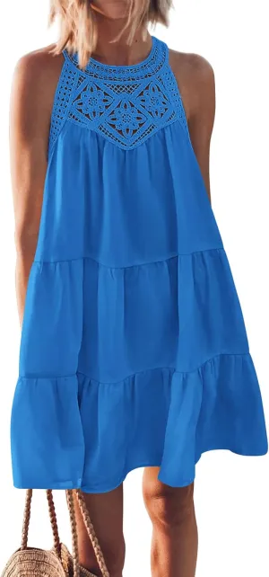 BTFBM Women Summer Halter Dresses Casual Spring 2025 Sleeveless A-Line Tiered Swing Mini Dress Beach Vacation Sundress