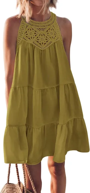 BTFBM Women Summer Halter Dresses Casual Spring 2025 Sleeveless A-Line Tiered Swing Mini Dress Beach Vacation Sundress