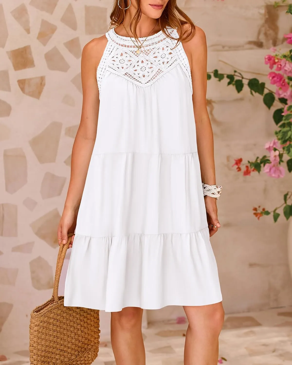 BTFBM Women Summer Halter Dresses Casual Spring 2025 Sleeveless A-Line Tiered Swing Mini Dress Beach Vacation Sundress
