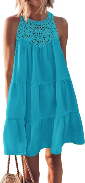 BTFBM Women Summer Halter Dresses Casual Spring 2025 Sleeveless A-Line Tiered Swing Mini Dress Beach Vacation Sundress