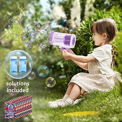 Bubble Gun, Bazooka Bubble Machine Gun, Bubble Blaster Gun with Bubble Solution, 69 Holes Bubble Bazooka Gun Outdoor Summer Toy Gifts Party Favors for Kids Purple Bubble Maker Blowers