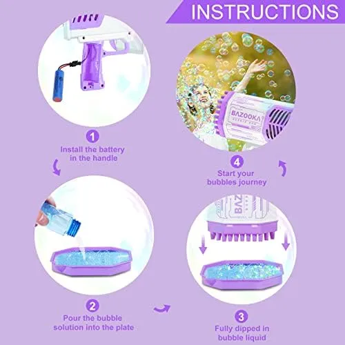 Bubble Gun, Bazooka Bubble Machine Gun, Bubble Blaster Gun with Bubble Solution, 69 Holes Bubble Bazooka Gun Outdoor Summer Toy Gifts Party Favors for Kids Purple Bubble Maker Blowers