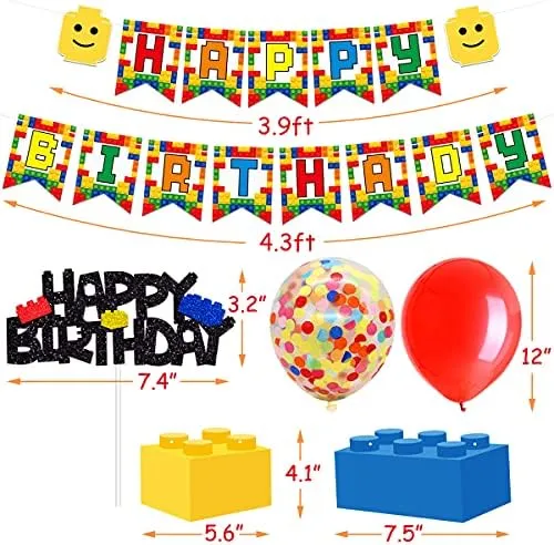 Building Blocks Themed Birthday Party Decorations Pack - Includes Glitter Cake Topper Banners and Balloons - Summer Colorful Themed Bday Party Pack Supplies