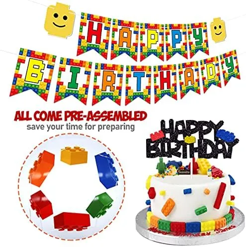 Building Blocks Themed Birthday Party Decorations Pack - Includes Glitter Cake Topper Banners and Balloons - Summer Colorful Themed Bday Party Pack Supplies