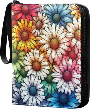 Burbuja Colorful Daisy Flowers Card Binder, 4 Pockets Trading Card Binder, Portable Card Albums Fits 400 Cards with 50 Removable Sleeves for Sport Cards Game Cards