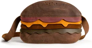 Burger-Shaped Shoulder Bag with Adjustable Strap, Crossbody Bag, Messenger Bag, Travel Accessory, Full Grain Leather, Handmade, Bourbon Brown