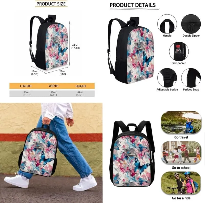 Butterfly Fluid Painting Students School Backpacks with Colorful Abstract Butterflies Art Paintings Lunch Box Pencil Case Bags Travel Daypack Bookbag Set for Student