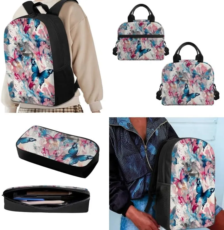 Butterfly Fluid Painting Students School Backpacks with Colorful Abstract Butterflies Art Paintings Lunch Box Pencil Case Bags Travel Daypack Bookbag Set for Student