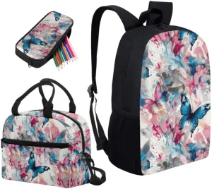 Butterfly Fluid Painting Students School Backpacks with Colorful Abstract Butterflies Art Paintings Lunch Box Pencil Case Bags Travel Daypack Bookbag Set for Student