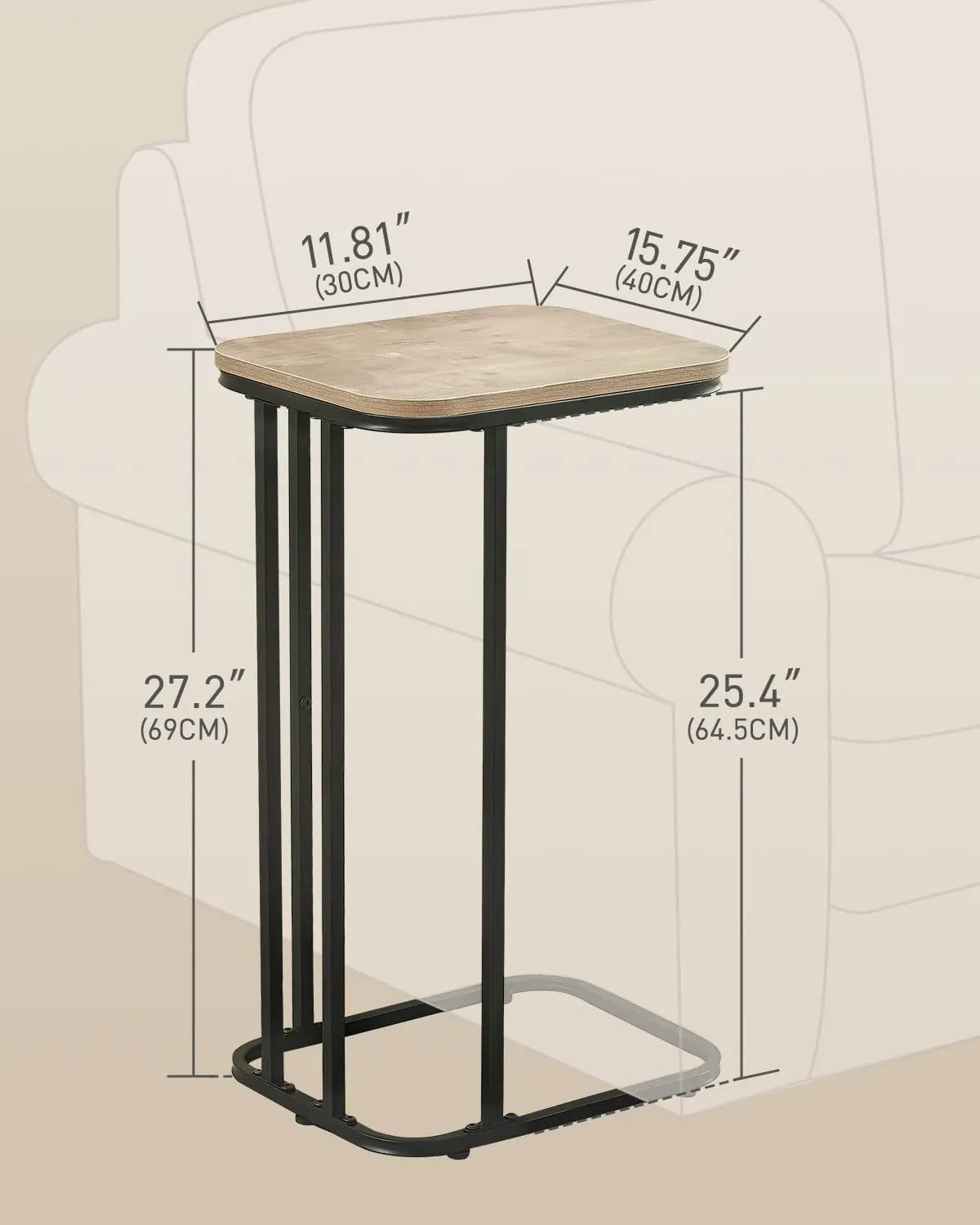 C Shaped End Table, 27 Inches High Small Side Table for Sofa and Bed, Couch Table That Slides Under, Tall Tv Tray Table for Living Room, Bedroom, Metal Frame, Greige & Black