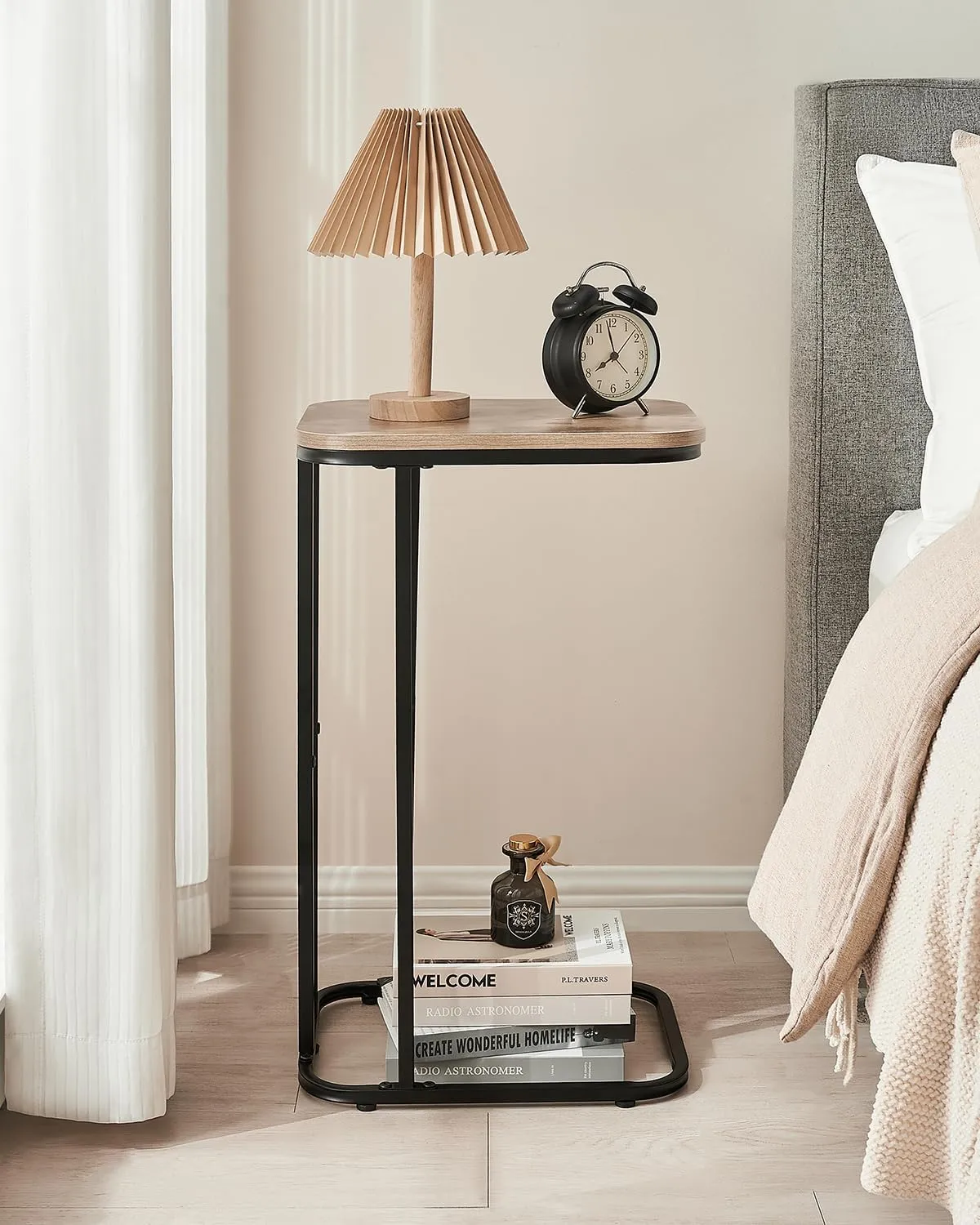 C Shaped End Table, 27 Inches High Small Side Table for Sofa and Bed, Couch Table That Slides Under, Tall Tv Tray Table for Living Room, Bedroom, Metal Frame, Greige & Black