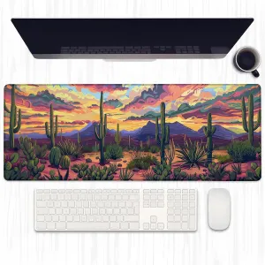 Cactus Pattern Gaming Mouse Pad, Extended Desert Sunset Colorful Sky Desk Mat Computer Laptop Mousepad, Robust Stitched Edges, 31.5"×11.8" Large Office Keyboard Mouse Pads for Desktop Decor