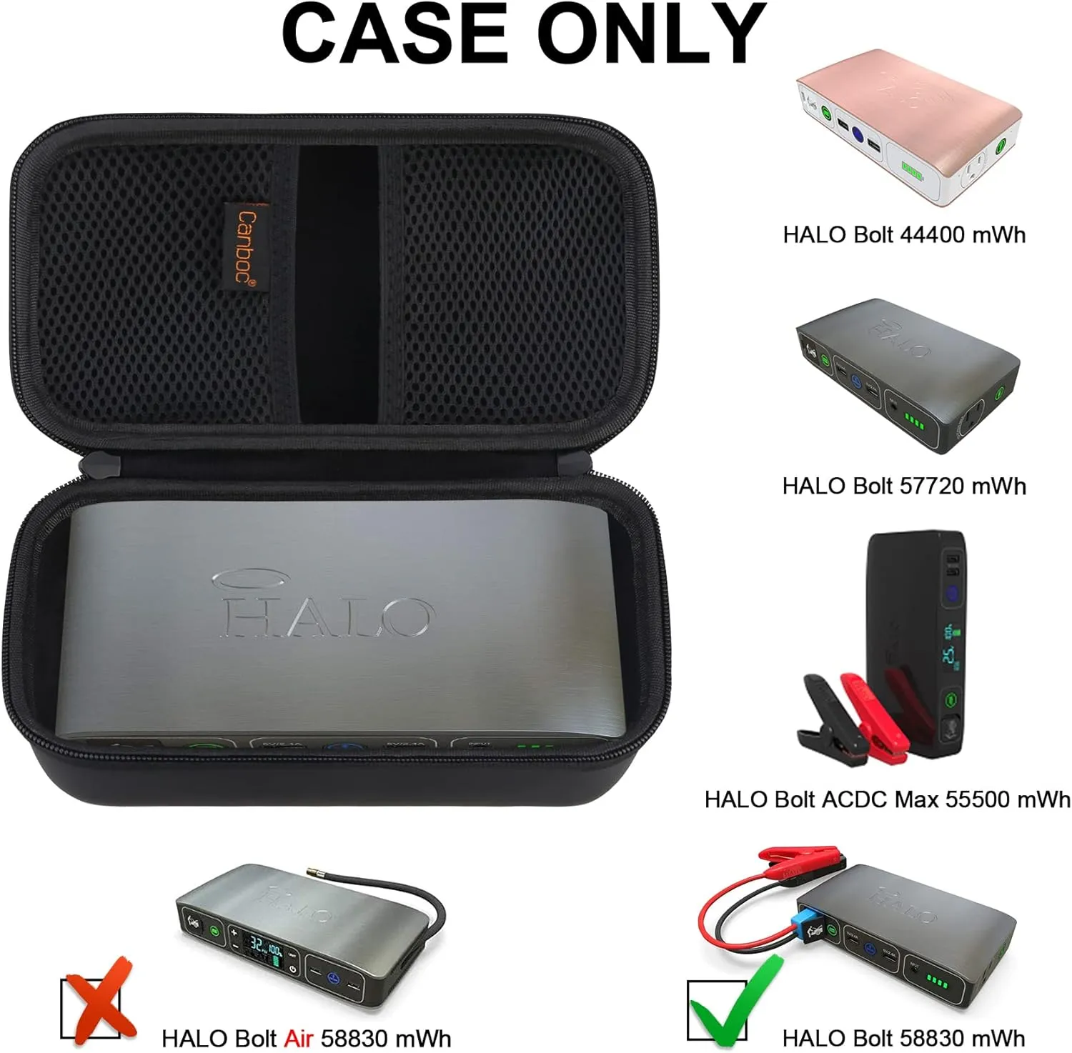 Canboc Carrying Case for Halo Bolt 58830/57720/44400 mWh Portable Car Jump Starter, Halo Bolt ACDC Max 55500 mWh Phone Charger, Mesh Bag for Jumper Cable, AC Wall Charger, Charge,Black