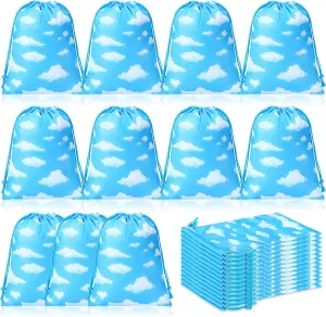 Capoda 16 Pcs Blue Sky White Clouds Party Favor Bags White Clouds Small Drawstring Bags Blue Sky Themed Gift Pouches Cartoon String Candy Goodie Treat Bags for Birthday (Cloud,9.8 x 11.8 Inch)