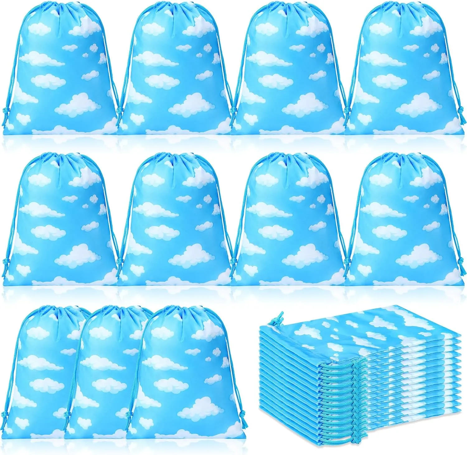 Capoda 16 Pcs Blue Sky White Clouds Party Favor Bags White Clouds Small Drawstring Bags Blue Sky Themed Gift Pouches Cartoon String Candy Goodie Treat Bags for Birthday (Cloud,9.8 x 11.8 Inch)