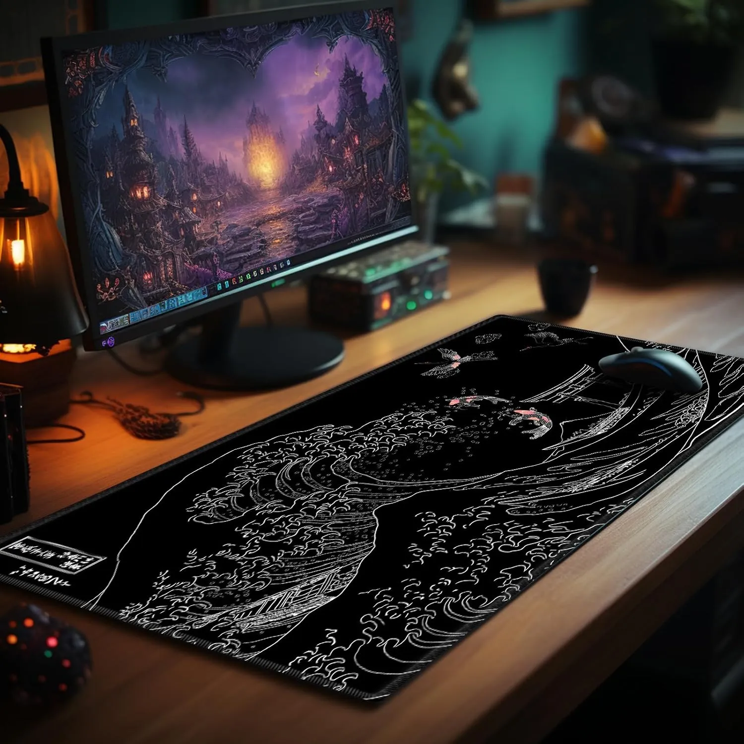 Card Playmat 70 x 40 cm Kanagawa Surfing Game Mats Tabletop Magic for MTG Cards, Trading Card Game Playing Stitched Commander Deck Gaming Desk Duel Mat Card Gameplay Mats, Koi Fish And Crane
