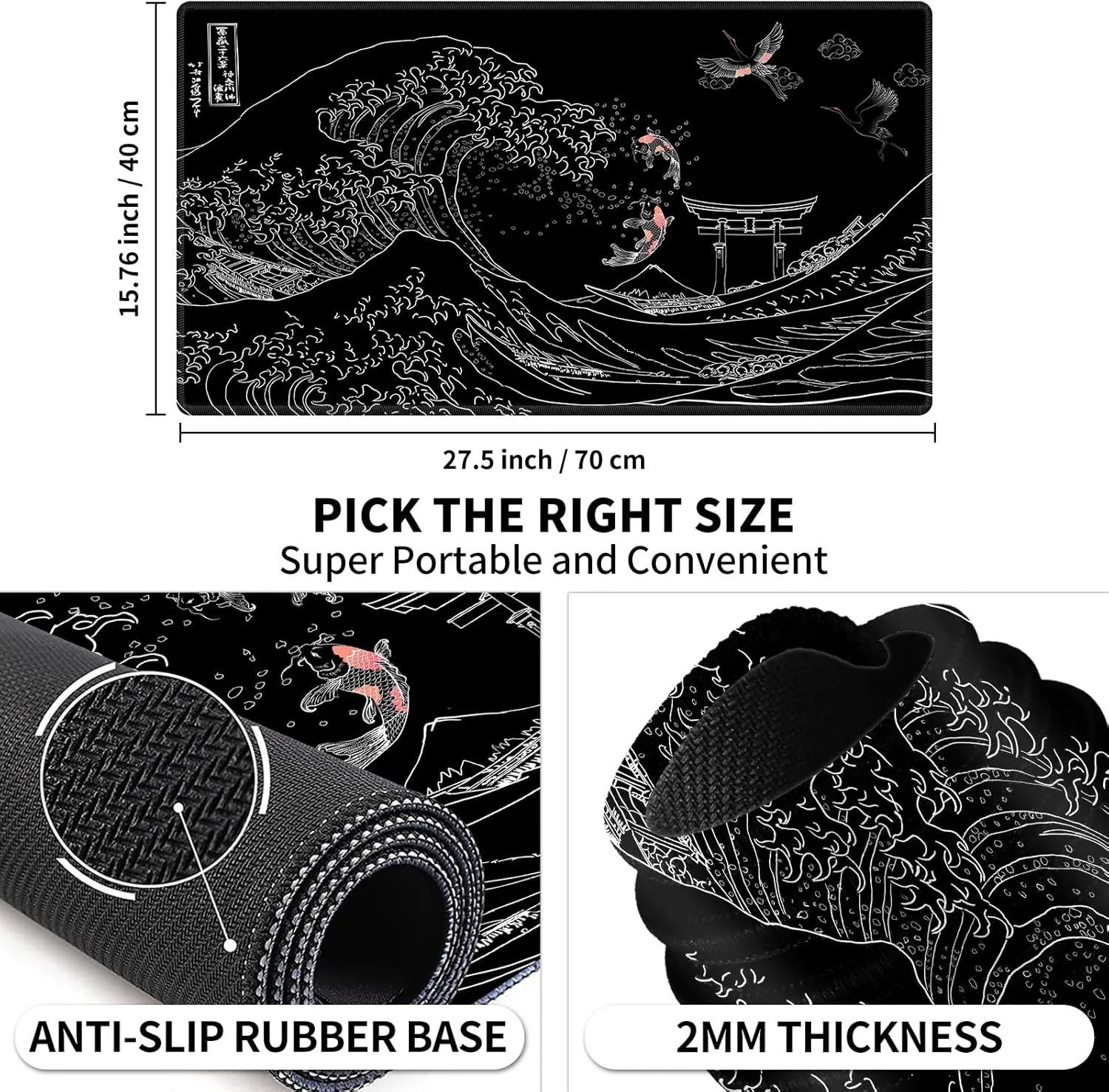 Card Playmat 70 x 40 cm Kanagawa Surfing Game Mats Tabletop Magic for MTG Cards, Trading Card Game Playing Stitched Commander Deck Gaming Desk Duel Mat Card Gameplay Mats, Koi Fish And Crane