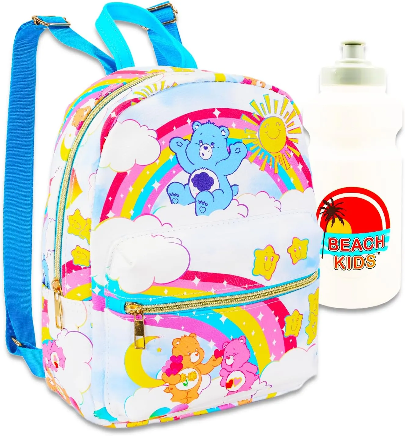 Care Bears Mini Backpack for Girls - 10” Faux Leather Care Bears Backpack with Front Pocket Plus Bottle | Care Bears Backpack Bundle