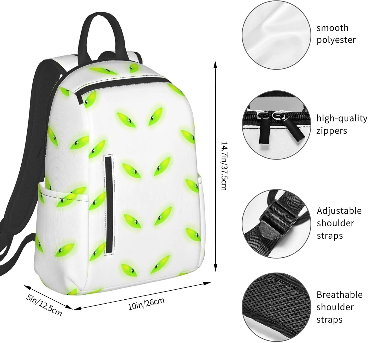 Cartoon Fluorescent Green Cat Eyes Casual Backpacks Large Capacity Laptop Backpack Sports Fitness Rucksack Travel Carry-On Daypack Adjustable Shoulder Strap Work Bag for Outdoor Camping