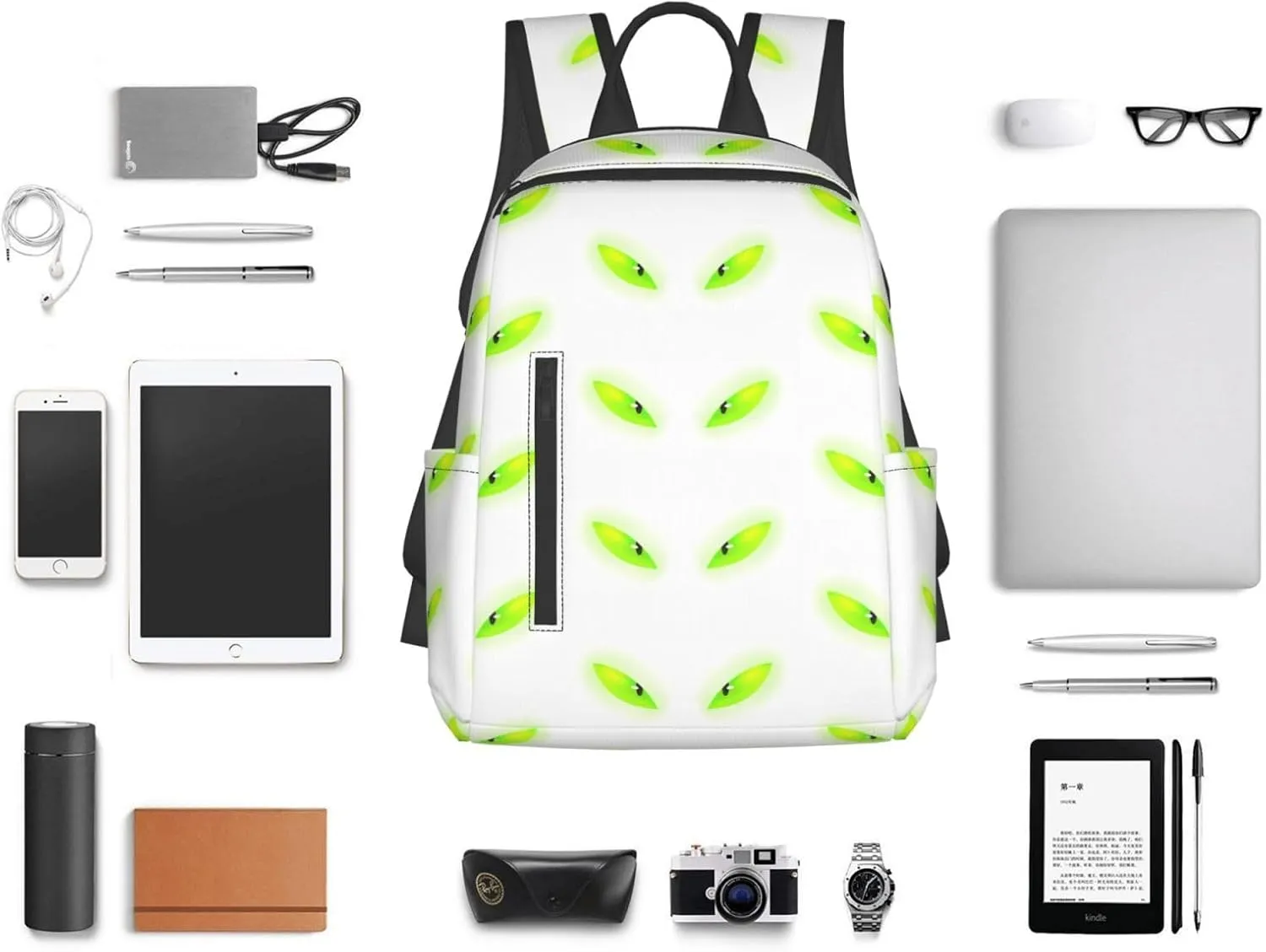 Cartoon Fluorescent Green Cat Eyes Casual Backpacks Large Capacity Laptop Backpack Sports Fitness Rucksack Travel Carry-On Daypack Adjustable Shoulder Strap Work Bag for Outdoor Camping