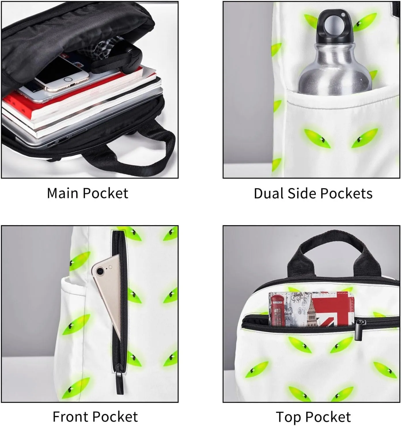 Cartoon Fluorescent Green Cat Eyes Casual Backpacks Large Capacity Laptop Backpack Sports Fitness Rucksack Travel Carry-On Daypack Adjustable Shoulder Strap Work Bag for Outdoor Camping