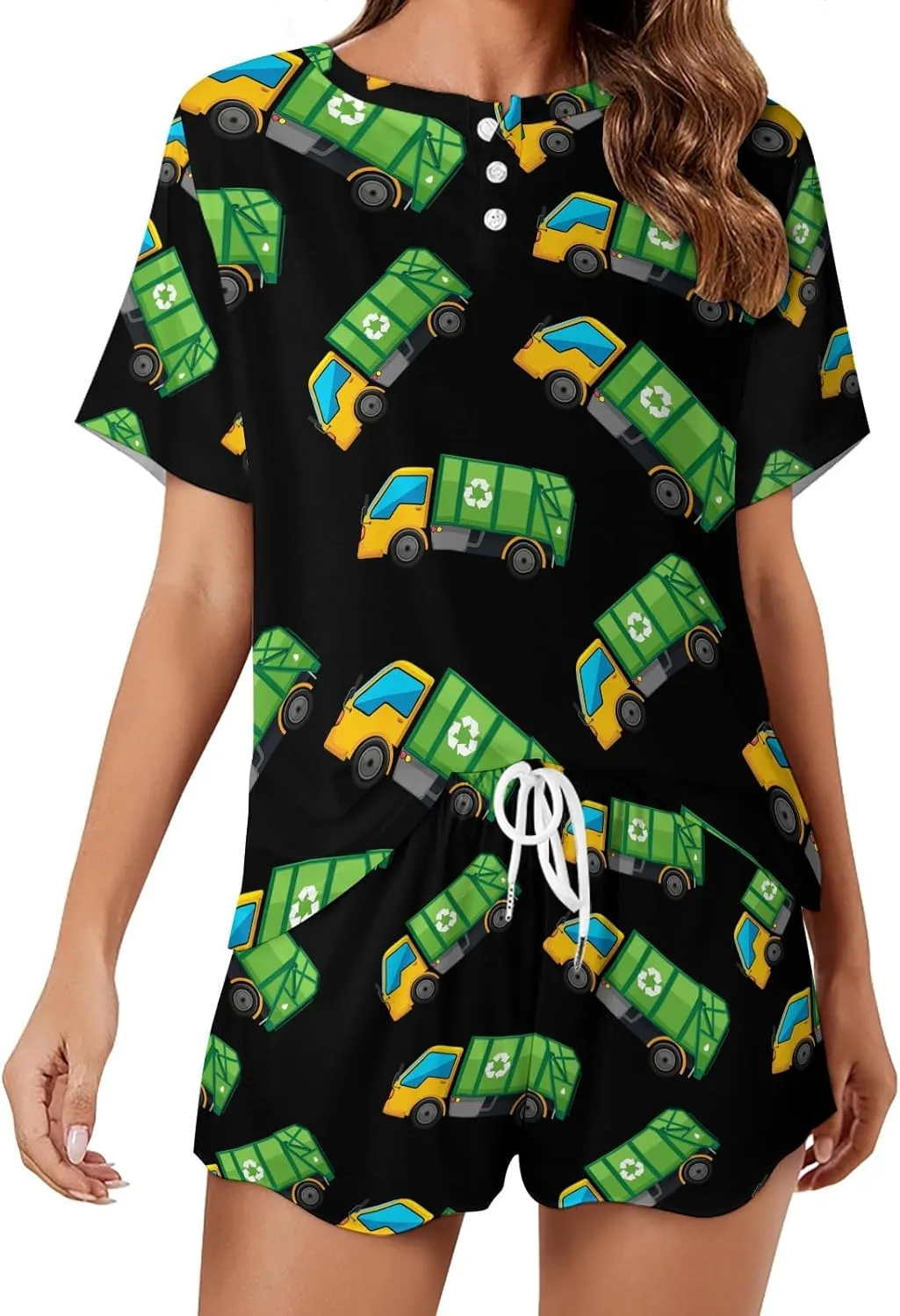 Cartoon Garbage Truck Pajama Set for Women 2 Piece Sleepwear Loungewear Short Sleeve PJ S