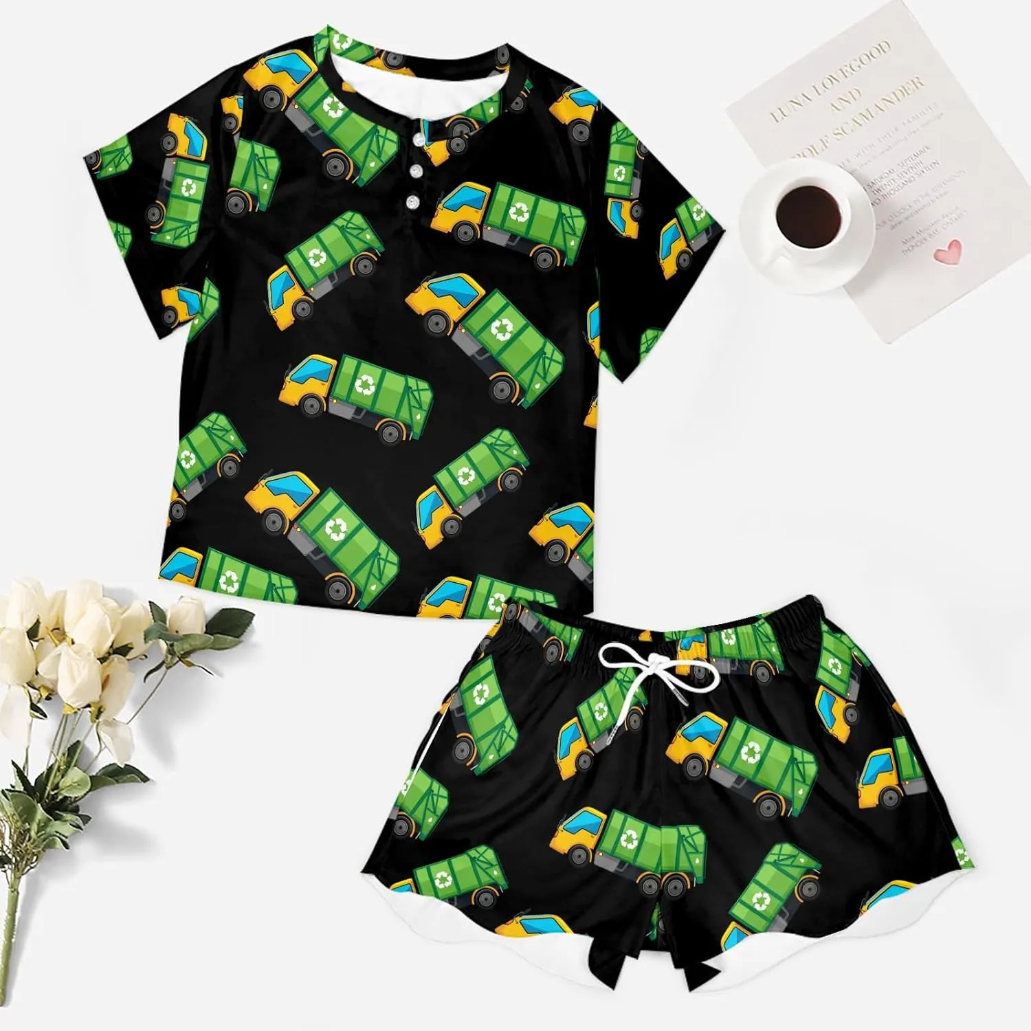 Cartoon Garbage Truck Pajama Set for Women 2 Piece Sleepwear Loungewear Short Sleeve PJ S
