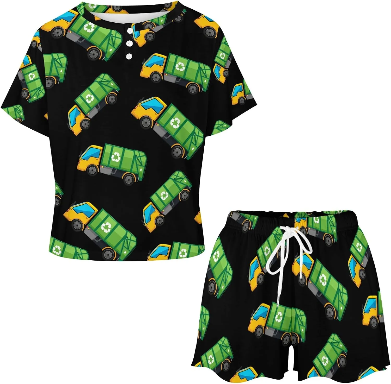 Cartoon Garbage Truck Pajama Set for Women 2 Piece Sleepwear Loungewear Short Sleeve PJ S