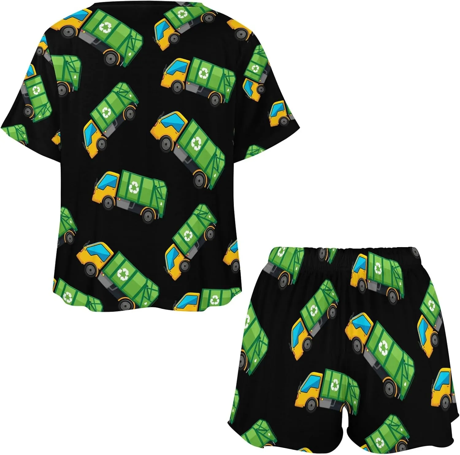 Cartoon Garbage Truck Pajama Set for Women 2 Piece Sleepwear Loungewear Short Sleeve PJ S