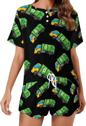 Cartoon Garbage Truck Pajama Set for Women 2 Piece Sleepwear Loungewear Short Sleeve PJ S
