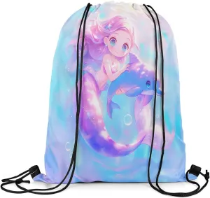 Cartoon Mermaid Drawstring Backpack 13"X16" Cute Dolphin Sealife Sackpack for Gym Sports Dreamy Cartoon Bubble Water Resistant String Bag for Women Men