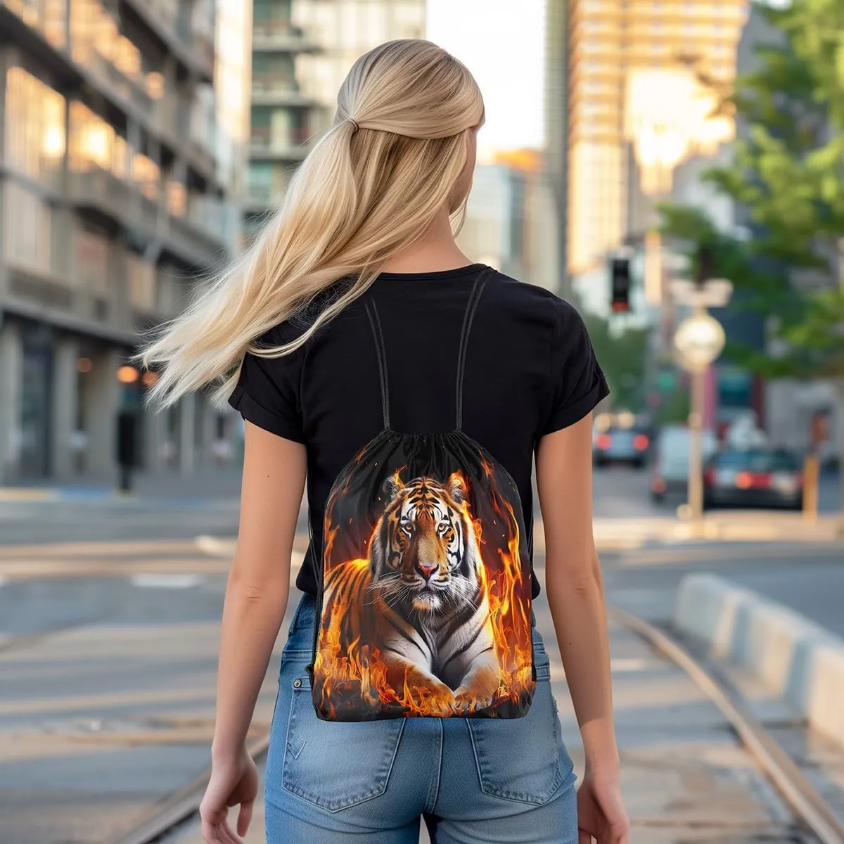 Castle Fairy 3D Tiger Drawstring Bag Abstract Burning Fire Flame Print Draw String Backpack for Adults Men Women Wild Animal Decor Modern Simple Gym Sports Sackpack String Bag 13"x16"