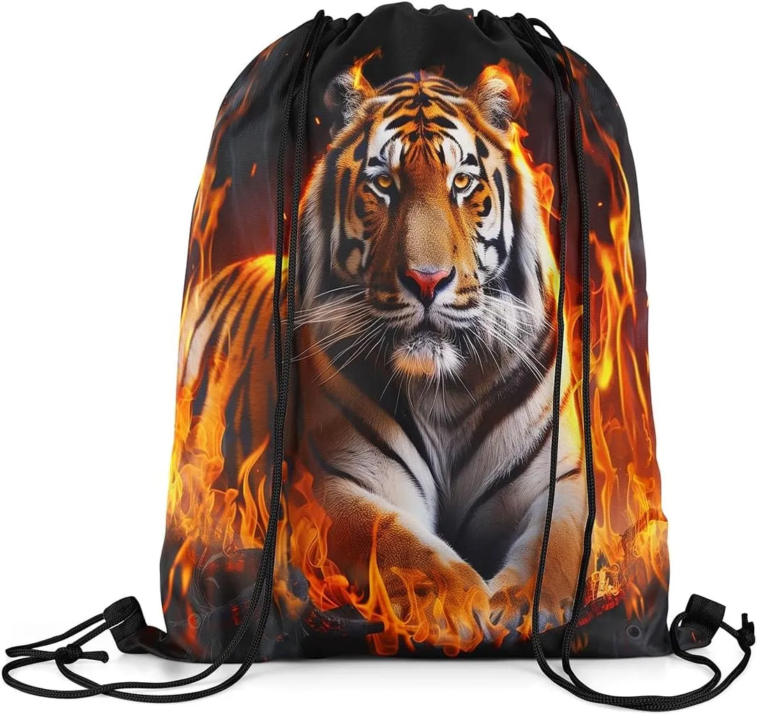 Castle Fairy 3D Tiger Drawstring Bag Abstract Burning Fire Flame Print Draw String Backpack for Adults Men Women Wild Animal Decor Modern Simple Gym Sports Sackpack String Bag 13"x16"