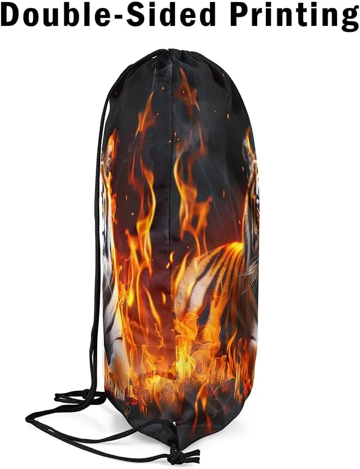 Castle Fairy 3D Tiger Drawstring Bag Abstract Burning Fire Flame Print Draw String Backpack for Adults Men Women Wild Animal Decor Modern Simple Gym Sports Sackpack String Bag 13"x16"