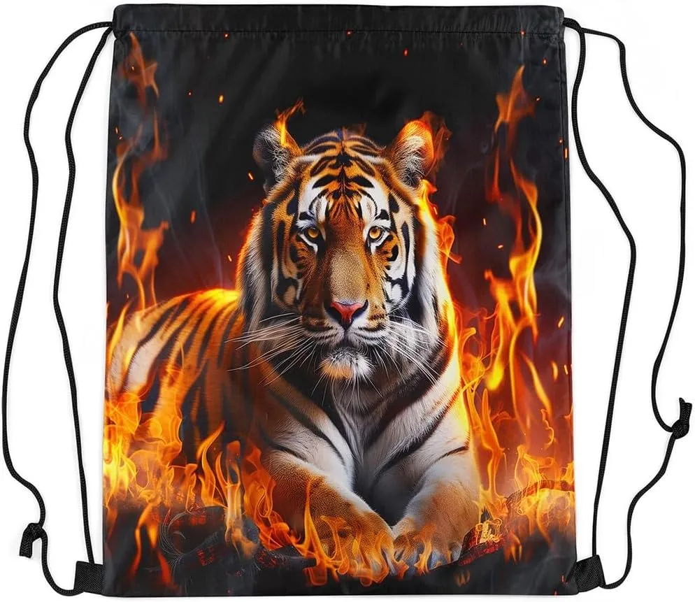 Castle Fairy 3D Tiger Drawstring Bag Abstract Burning Fire Flame Print Draw String Backpack for Adults Men Women Wild Animal Decor Modern Simple Gym Sports Sackpack String Bag 13"x16"