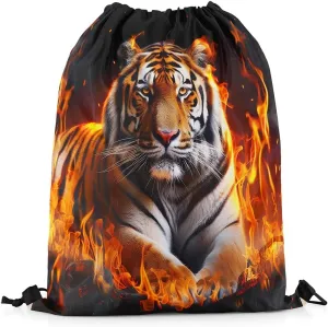 Castle Fairy 3D Tiger Drawstring Bag Abstract Burning Fire Flame Print Draw String Backpack for Adults Men Women Wild Animal Decor Modern Simple Gym Sports Sackpack String Bag 13"x16"