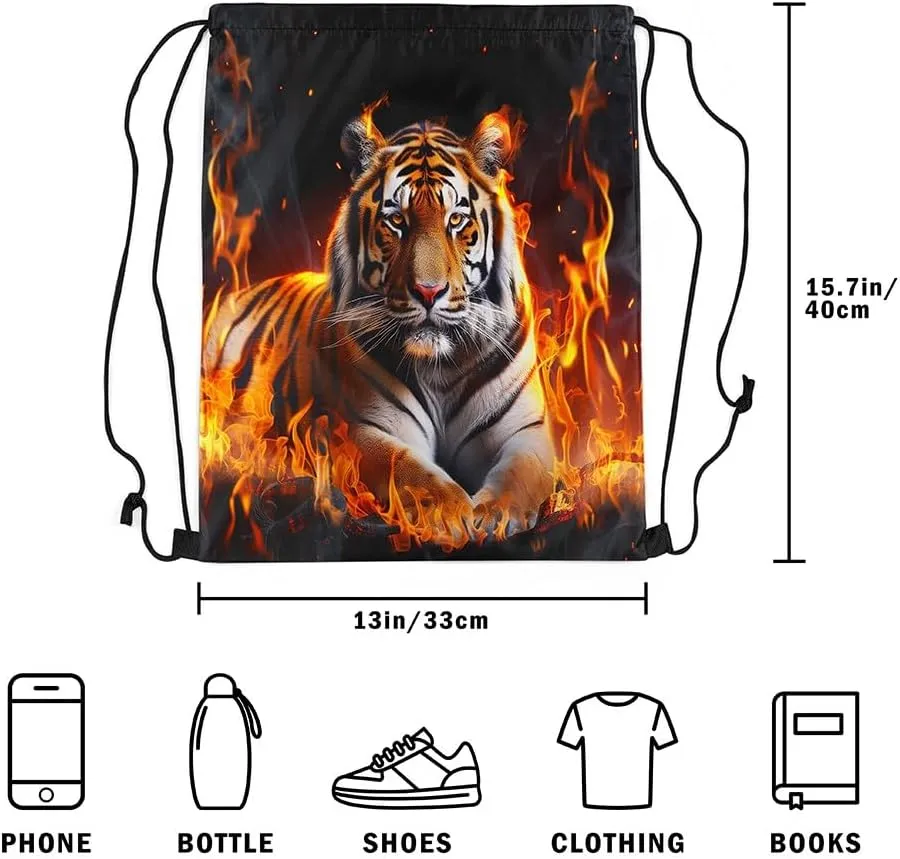 Castle Fairy 3D Tiger Drawstring Bag Abstract Burning Fire Flame Print Draw String Backpack for Adults Men Women Wild Animal Decor Modern Simple Gym Sports Sackpack String Bag 13"x16"