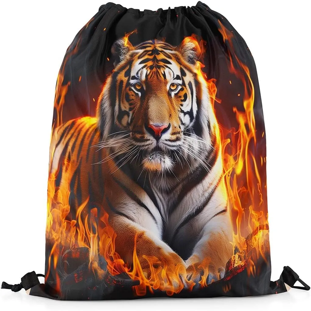 Castle Fairy 3D Tiger Drawstring Bag Abstract Burning Fire Flame Print Draw String Backpack for Adults Men Women Wild Animal Decor Modern Simple Gym Sports Sackpack String Bag 13"x16"