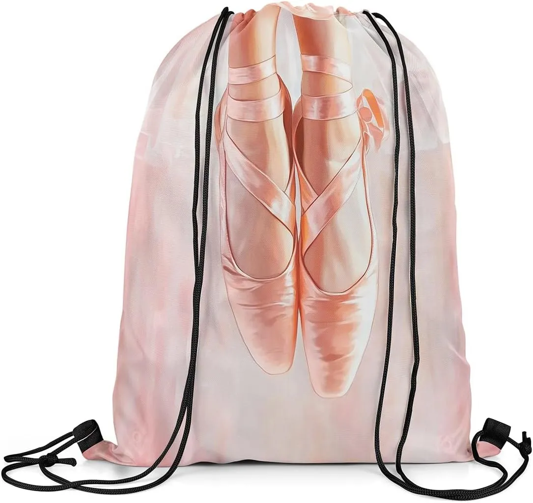 Castle Fairy Ballet Shoes Drawstring Backpack,Artistic Gymnastics Drawstring Bag,Dancing Art Theme Adjustable Draw String Bag,Lightweight