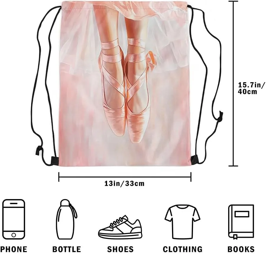 Castle Fairy Ballet Shoes Drawstring Backpack,Artistic Gymnastics Drawstring Bag,Dancing Art Theme Adjustable Draw String Bag,Lightweight