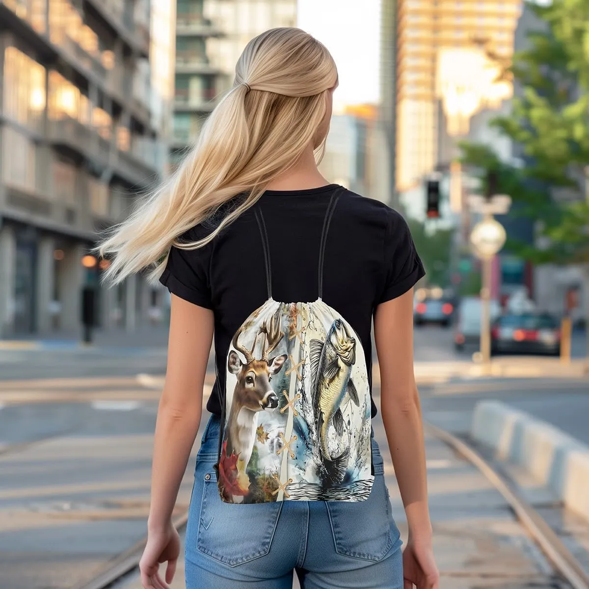 Castle Fairy Elk Deer Drawstring Backpack,Hunting Fishing Theme Drawstring Bag,Rustic Western Farmhouse Adjustable Draw String Bag,Lightweight