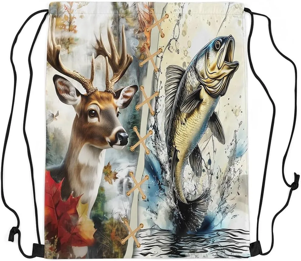 Castle Fairy Elk Deer Drawstring Backpack,Hunting Fishing Theme Drawstring Bag,Rustic Western Farmhouse Adjustable Draw String Bag,Lightweight