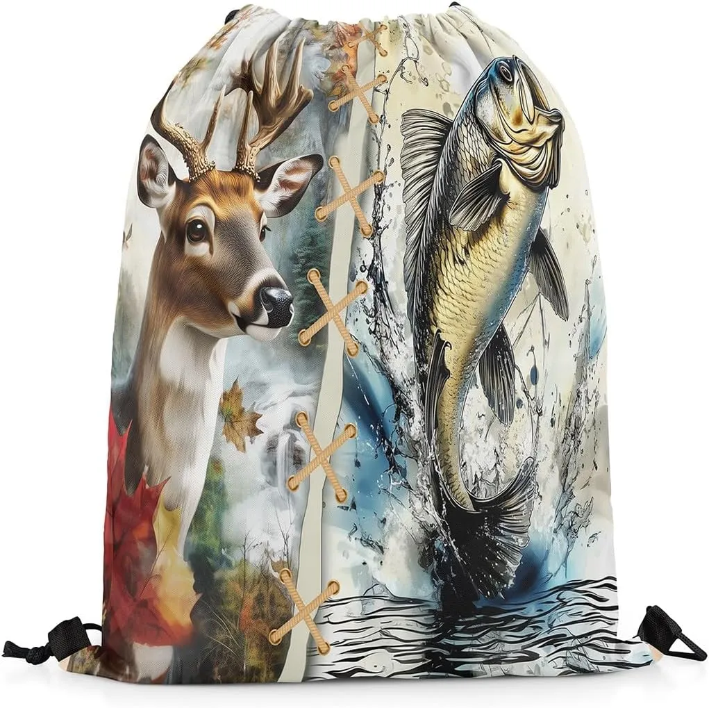 Castle Fairy Elk Deer Drawstring Backpack,Hunting Fishing Theme Drawstring Bag,Rustic Western Farmhouse Adjustable Draw String Bag,Lightweight
