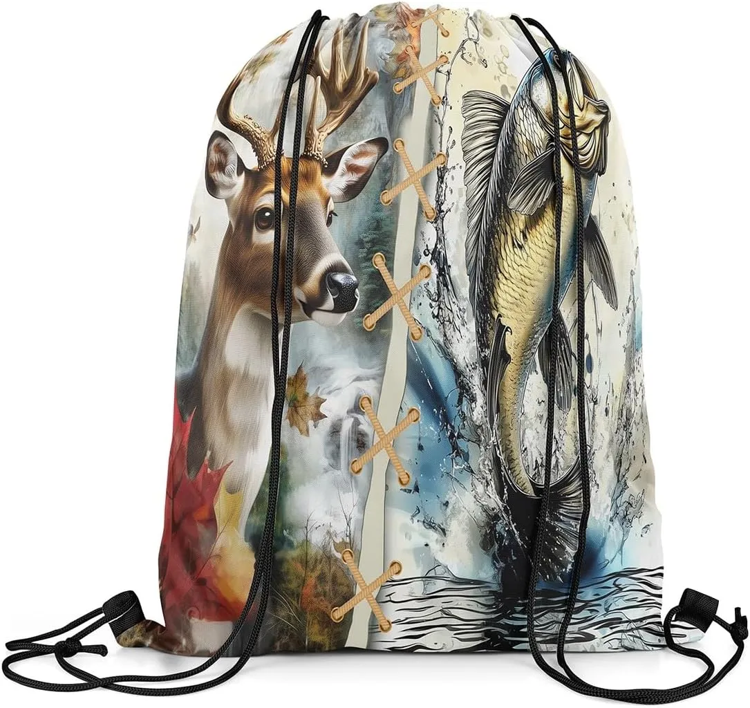 Castle Fairy Elk Deer Drawstring Backpack,Hunting Fishing Theme Drawstring Bag,Rustic Western Farmhouse Adjustable Draw String Bag,Lightweight
