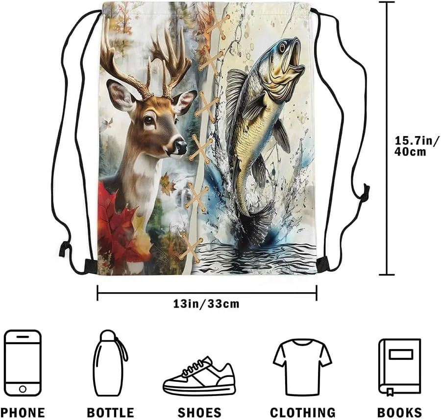 Castle Fairy Elk Deer Drawstring Backpack,Hunting Fishing Theme Drawstring Bag,Rustic Western Farmhouse Adjustable Draw String Bag,Lightweight