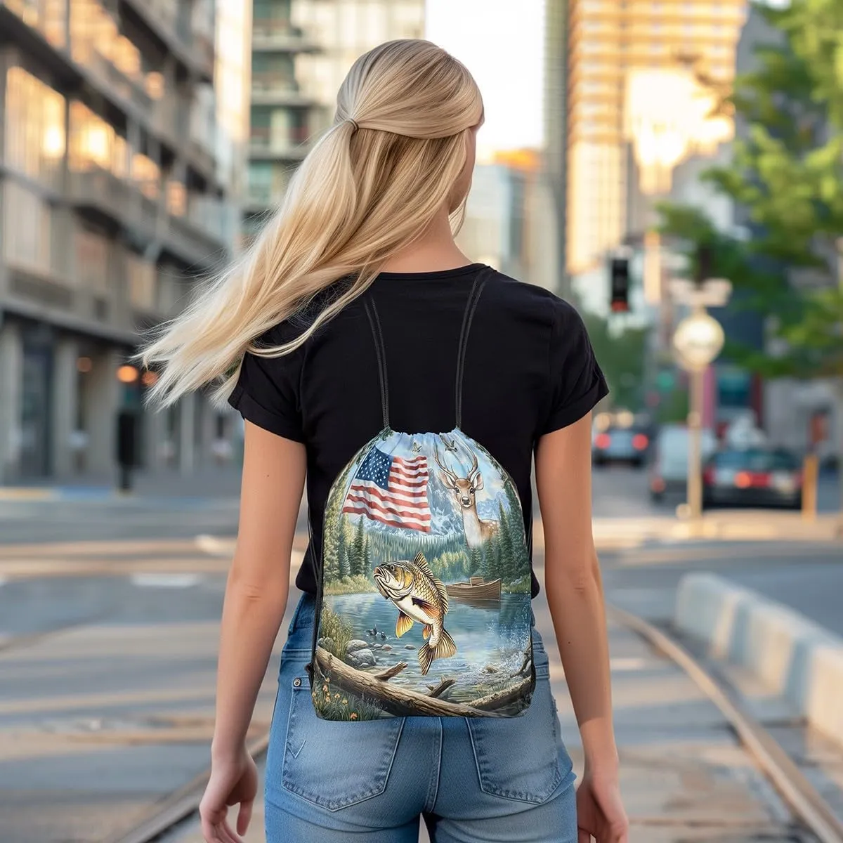 Castle Fairy Fishing Hunt Drawstring Backpack,Elk Deer Wild Animal Drawstring Bag,Natural Woodland Landscape Adjustable Draw String Bag,Lightweight