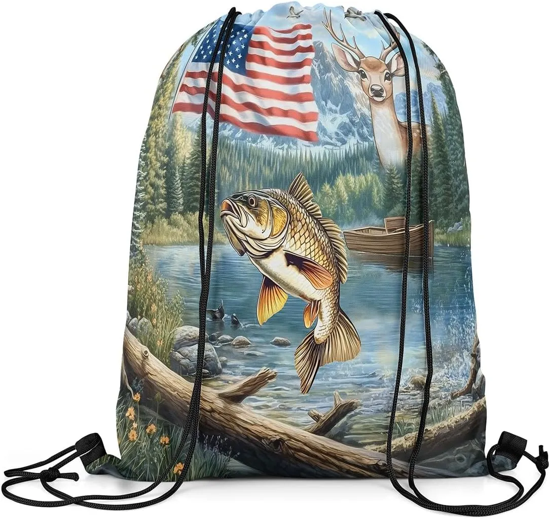 Castle Fairy Fishing Hunt Drawstring Backpack,Elk Deer Wild Animal Drawstring Bag,Natural Woodland Landscape Adjustable Draw String Bag,Lightweight