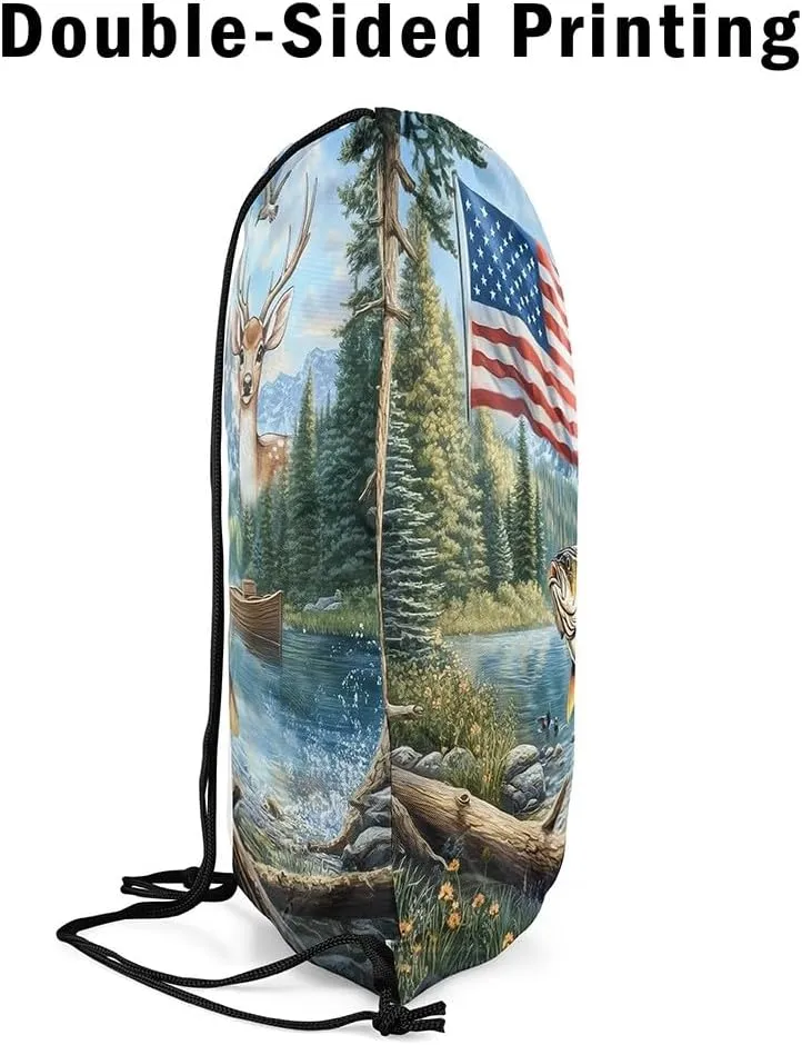 Castle Fairy Fishing Hunt Drawstring Backpack,Elk Deer Wild Animal Drawstring Bag,Natural Woodland Landscape Adjustable Draw String Bag,Lightweight