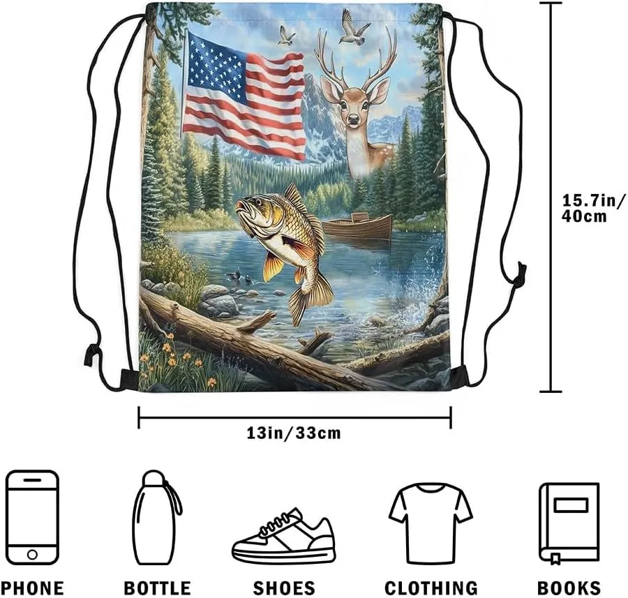 Castle Fairy Fishing Hunt Drawstring Backpack,Elk Deer Wild Animal Drawstring Bag,Natural Woodland Landscape Adjustable Draw String Bag,Lightweight